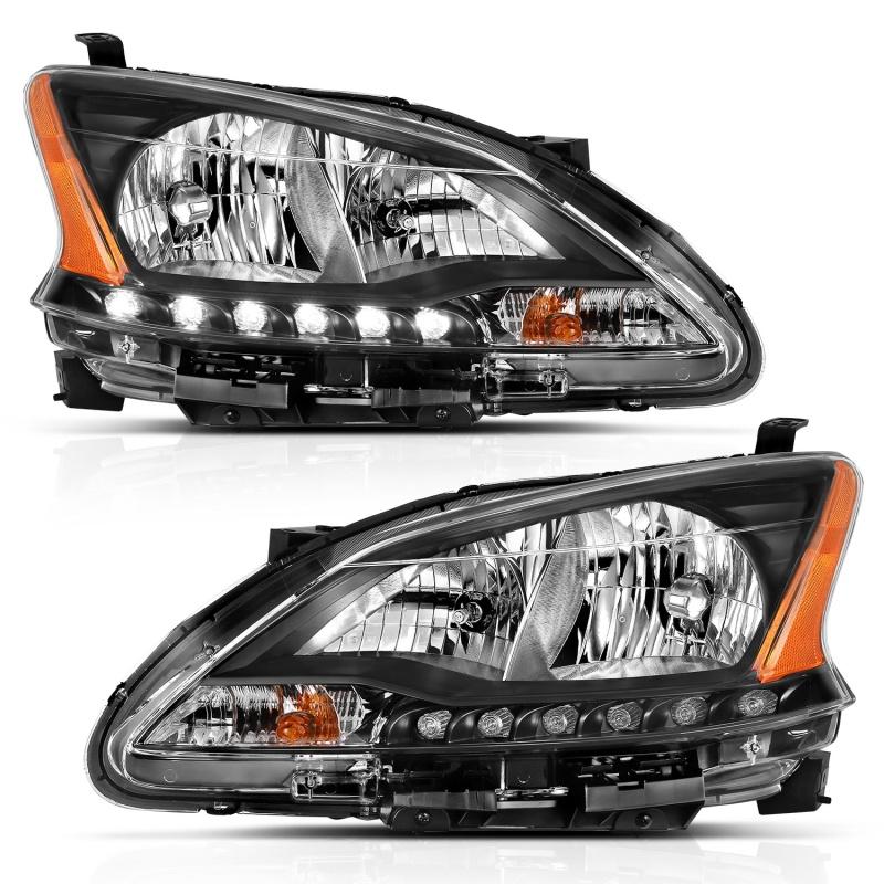 ANZO 2013-2015 Nissan Sentra Crystal Headlights Black Housing Amber With Led Parking Light 121537