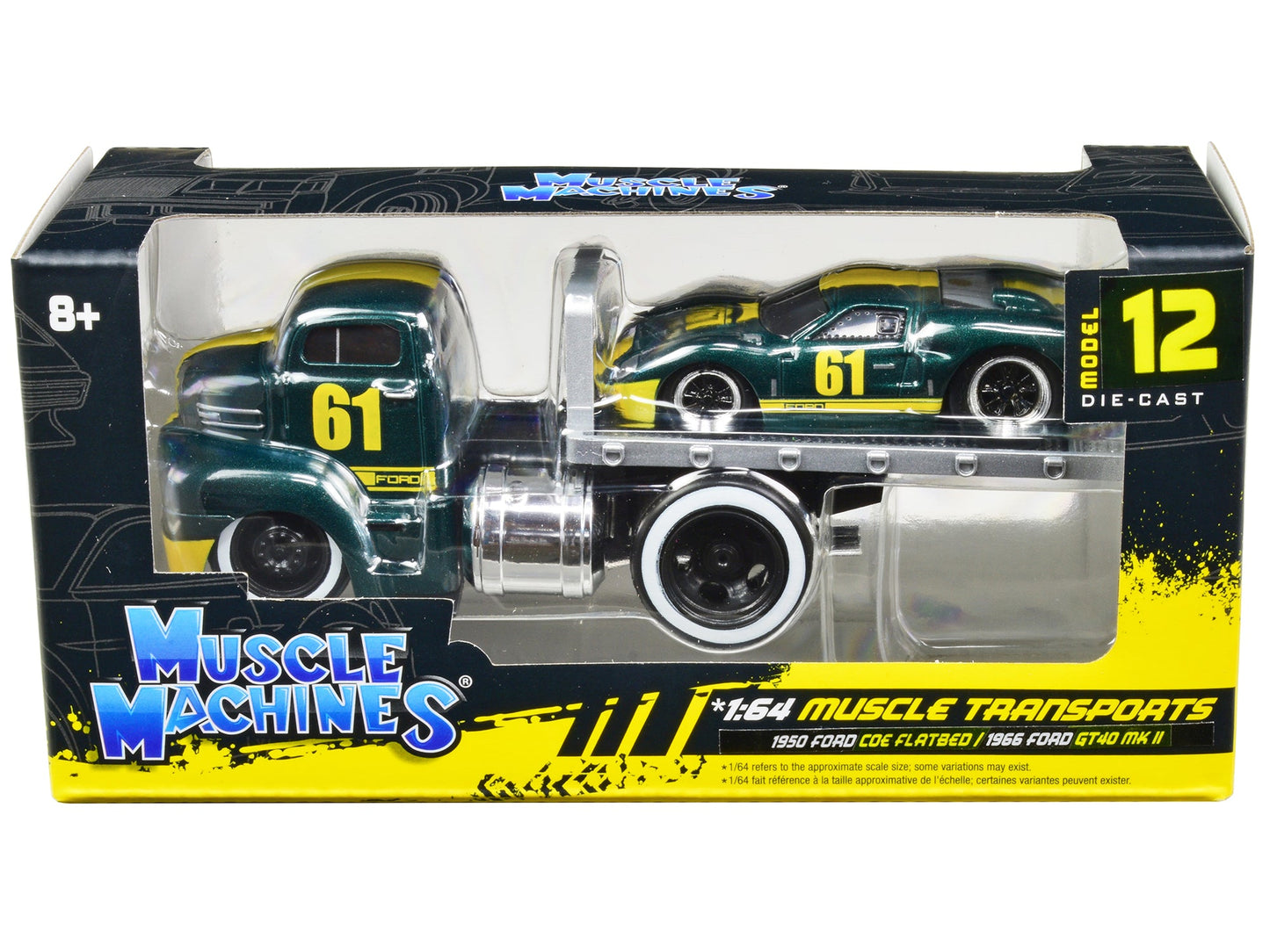 1950 Ford COE Flatbed Truck #61 and 1966 Ford GT40 MK II #61 Green Metallic with Yellow Stripes "Muscle Transports" Series 1/64 Diecast Model Cars by Muscle Machines free shipping USA