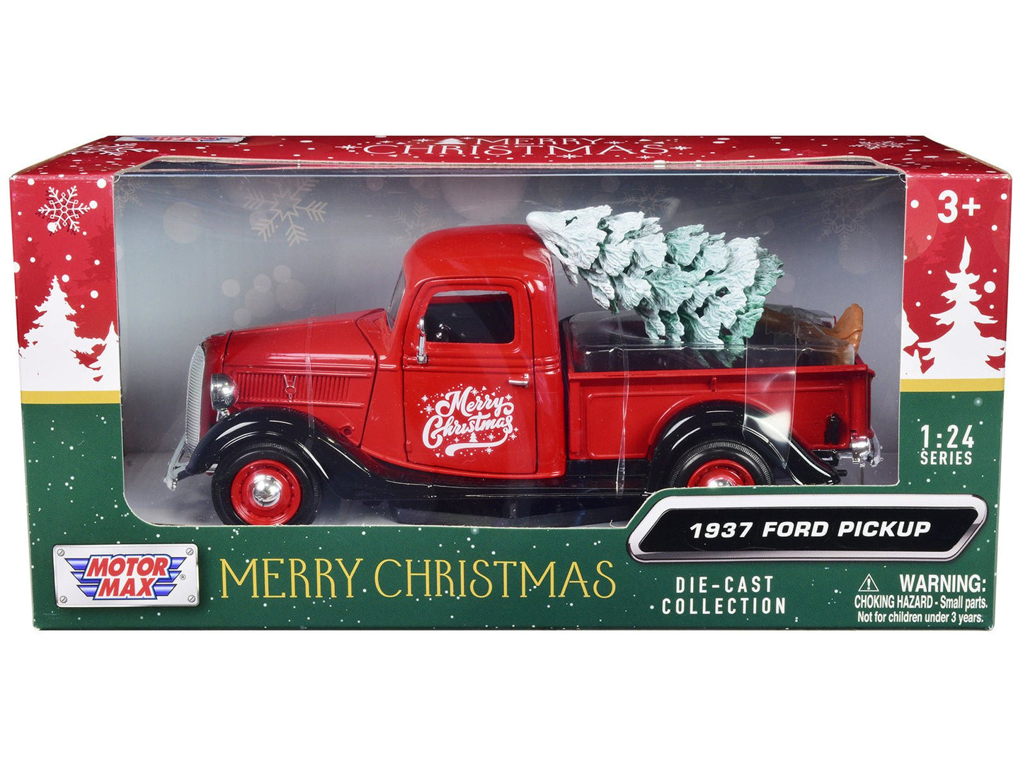 1937 Ford Pickup Truck Red and Black "Merry Christmas" with Tree Accessory 1/24 Diecast Model Car by Motormax free shipping USA