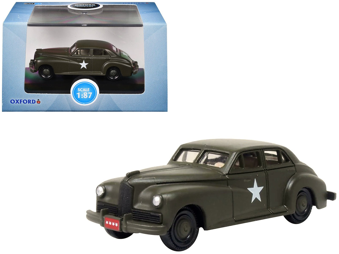 1942 Packard Clipper Touring Sedan "US Army Staff Car" Olive Drab 1/87 (HO) Scale Diecast Model Car by Oxford Diecast free shipping USA