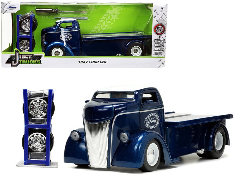 1947 Ford COE Flatbed Truck Dark Blue Metallic with White Top "The Famous Motor Cars" with Extra Wheels "Just Trucks" Series 1/24 Diecast Model by Jada free shipping USA
