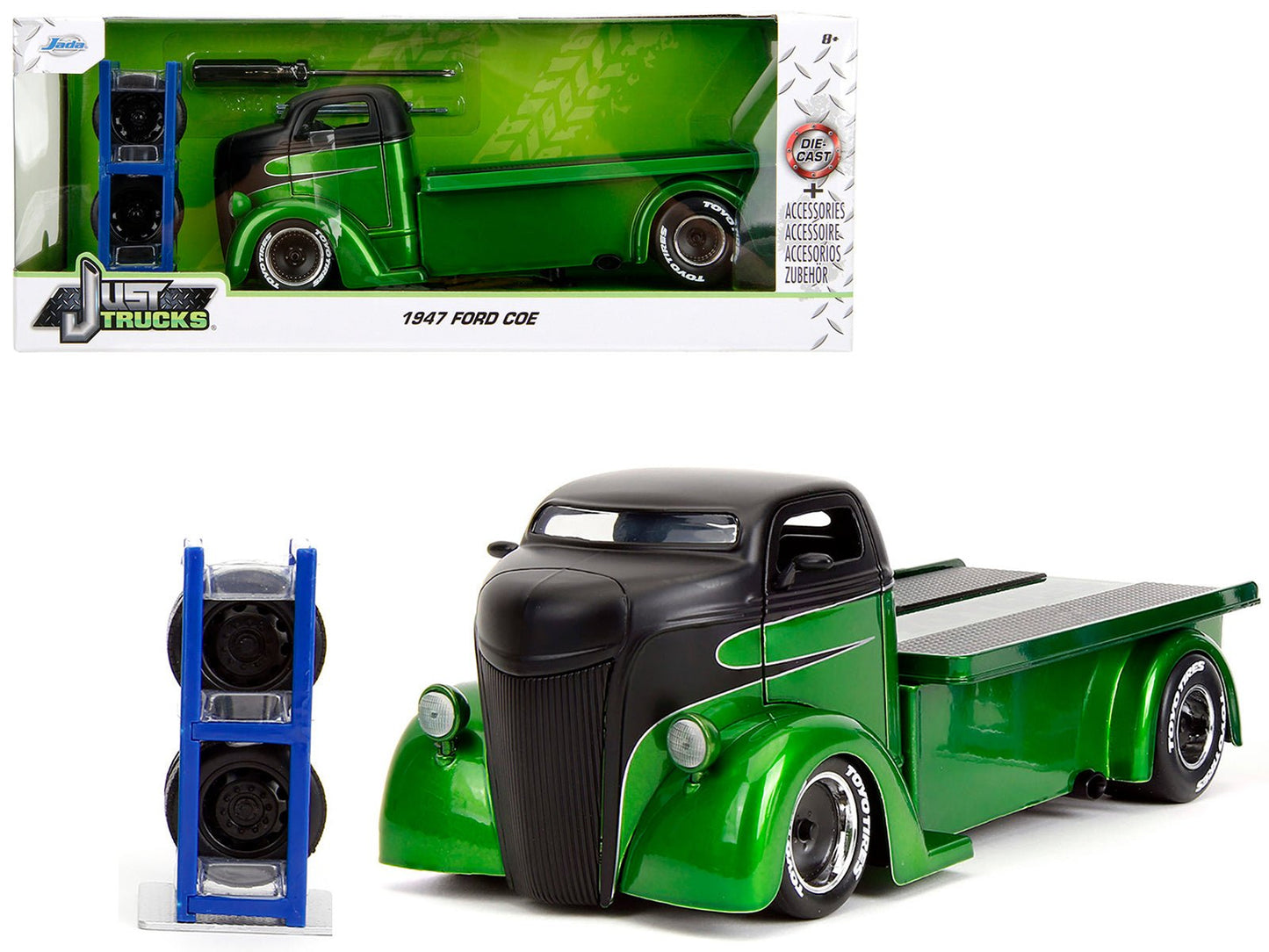 1947 Ford COE Flatbed Truck Green Metallic and Matt Black "Toyo Tires" with Extra Wheels "Just Trucks" Series 1/24 Diecast Model Car by Jada free shipping USA