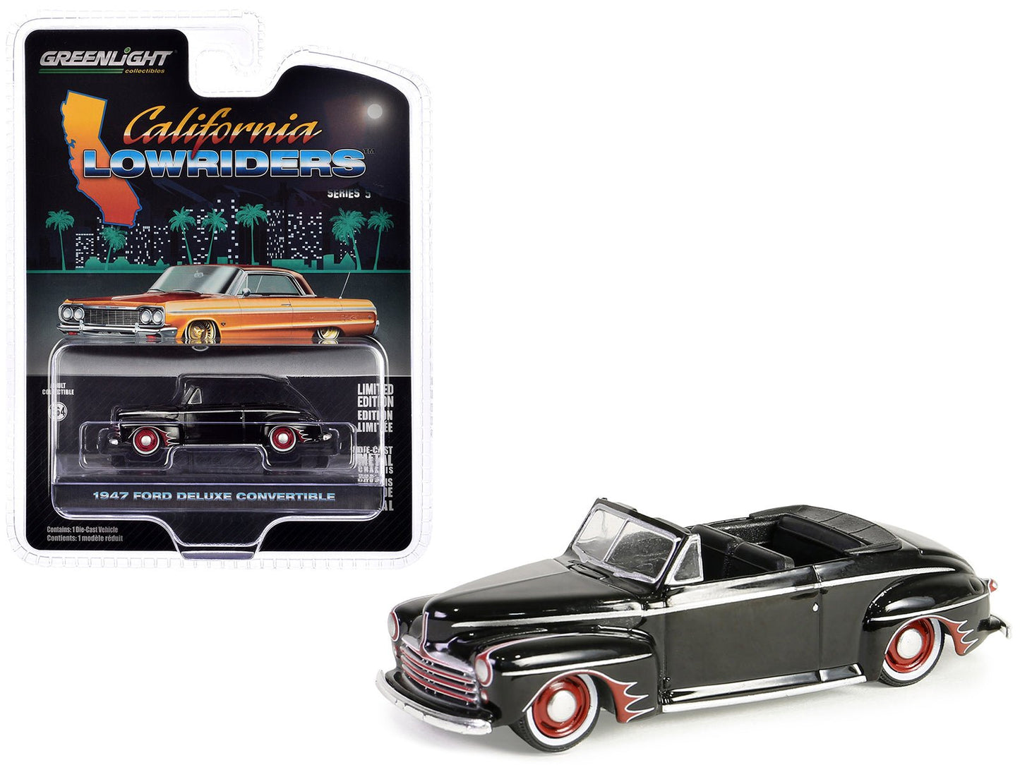 1947 Ford Deluxe Convertible Lowrider Black wit h Red Graphics "California Lowriders" Series 5 1/64 Diecast Model Car by Greenlight free shipping USA