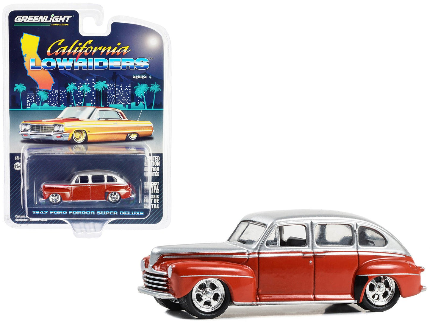 1947 Ford Fordor Super Deluxe Lowrider Red and Silver Metallic "California Lowriders" Series 4 1/64 Diecast Model Car by Greenlight free shipping USA