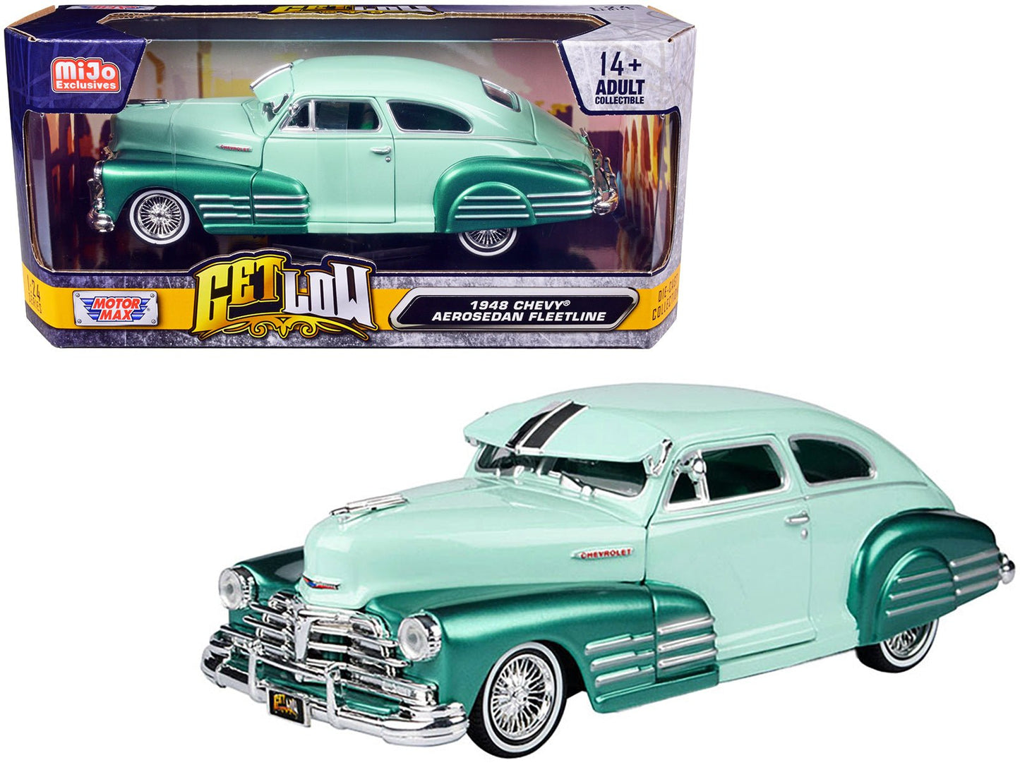 1948 Chevrolet Aerosedan Fleetside Lowrider Pastel Green and Green Metallic Two-Tone "Get Low" Series 1/24 Diecast Model Car by Motormax free shipping USA