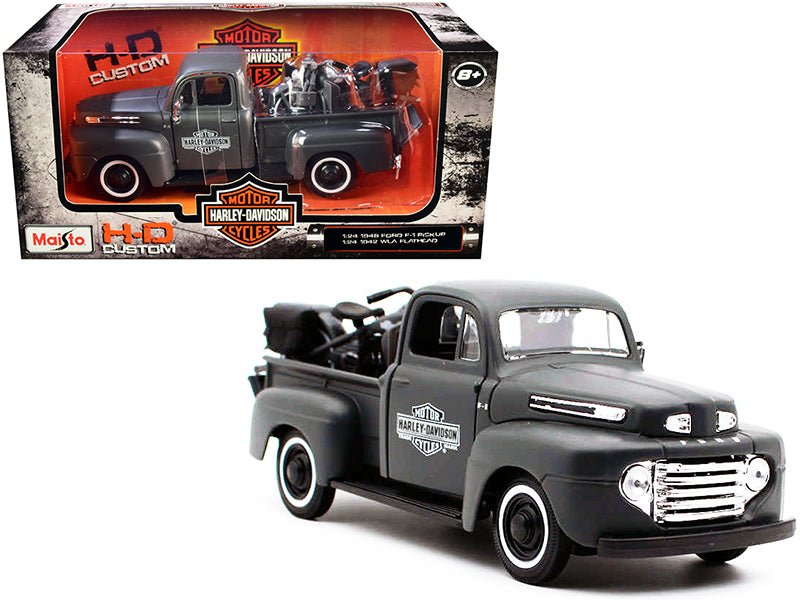 1948 Ford F-1 Pickup Truck and 1942 Harley-Davidson WLA Flathead Motorcycle Matt Dark Gray "Harley-Davidson Custom" 1/24 Diecast Models by Maisto free shipping USA