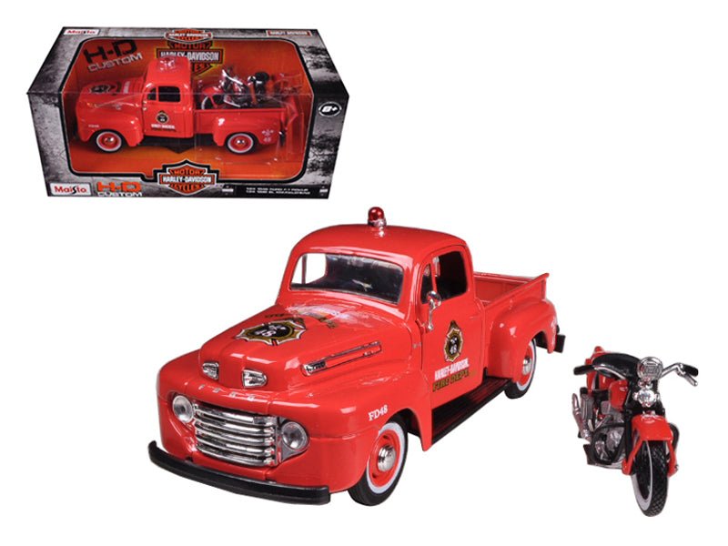 1948 Ford F-1 Pickup Truck "Harley Davidson" Fire Truck and 1936 El Knucklehead Motorcycle 1/24 Diecast Models by Maisto free shipping USA