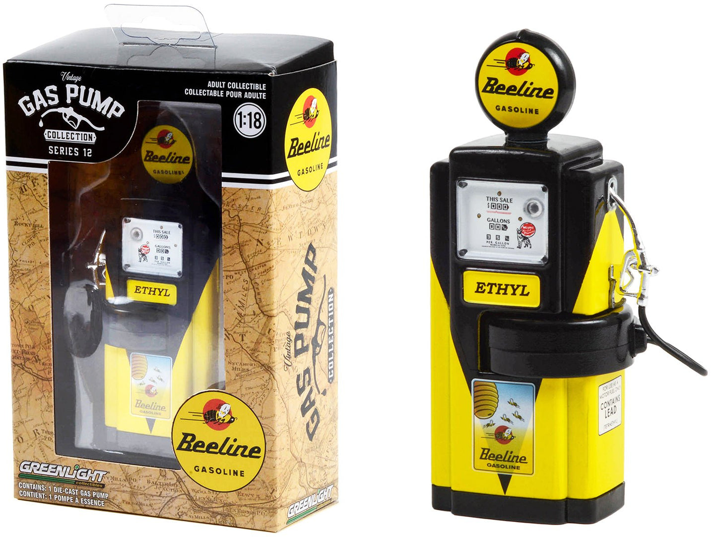 1948 Wayne 100-A Gas Pump "Beeline Gasoline" Yellow and Black "Vintage Gas Pumps" Series 12 1/18 Diecast Model by Greenlight free shipping USA