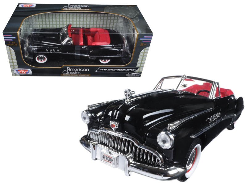 1949 Buick Roadmaster Black with Red Interior 1/18 Diecast Model Car by Motormax free shipping USA