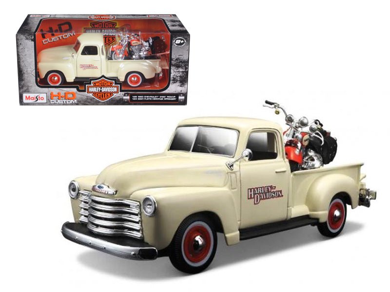 1950 Chevrolet 3100 Pickup Truck Cream 1/25 and 2001 FLSTS Heritage Springer Motorcycle Orange 1/24 "Harley-Davidson Custom" Series Diecast Models by Maisto free shipping USA