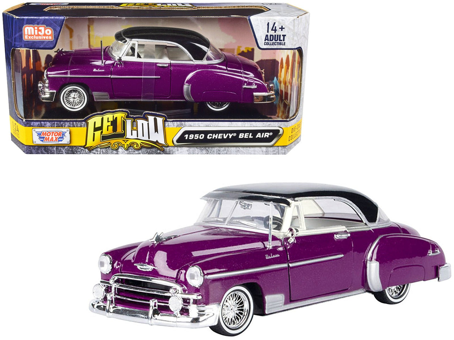 1950 Chevrolet Bel Air Lowrider Purple Metallic with Black Top and White Interior "Get Low" Series 1/24 Diecast Model Car by Motormax free shipping USA