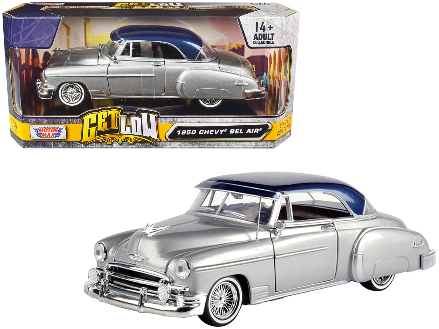 1950 Chevrolet Bel Air Lowrider Silver Metallic with Blue Metallic Top "Get Low" Series 1/24 Diecast Model Car by Motormax free shipping USA