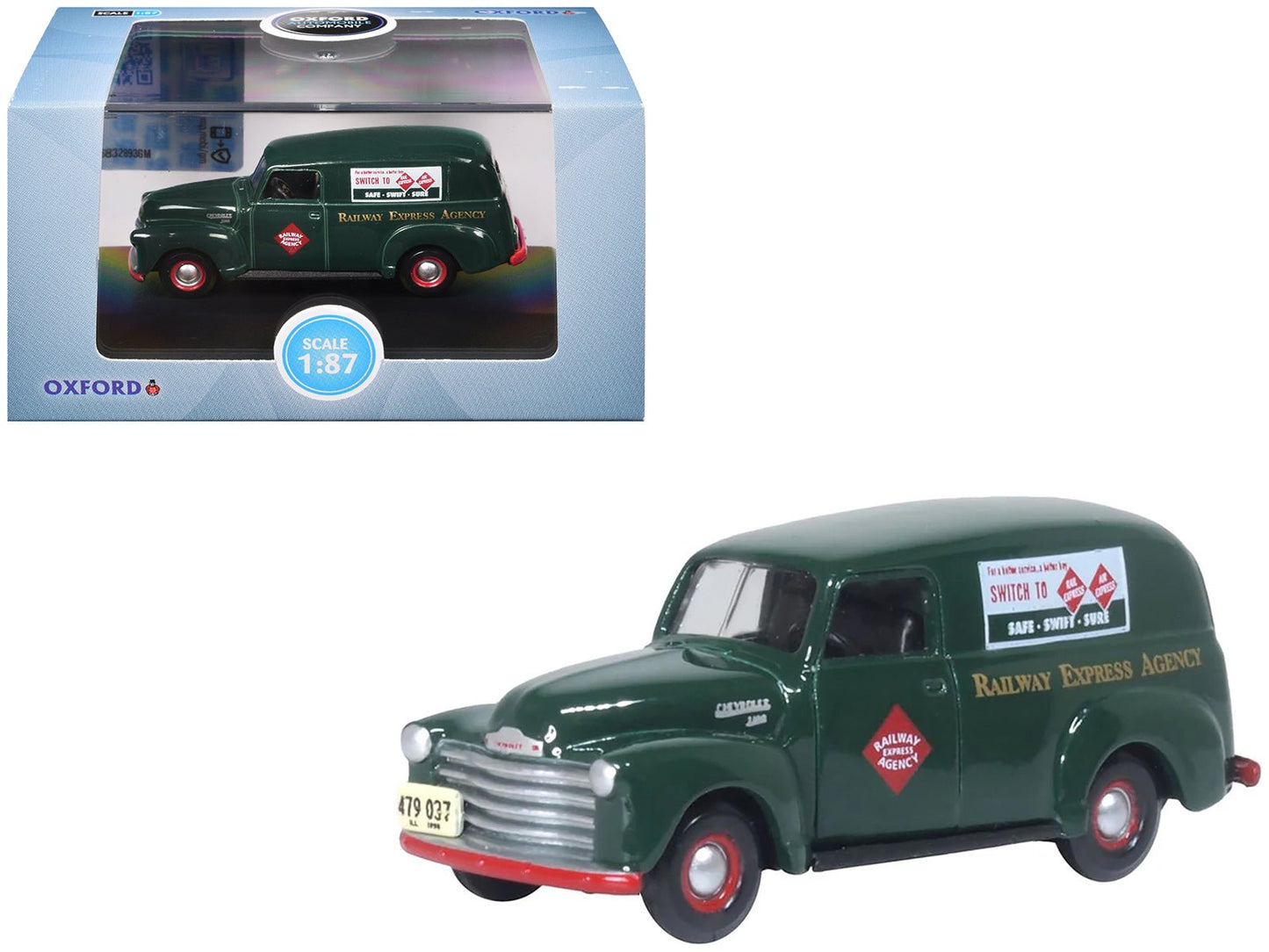 1950 Chevrolet Panel Van "Railway Express Agency" Dark Green 1/87 (HO) Scale Diecast Model Car by Oxford Diecast free shipping USA