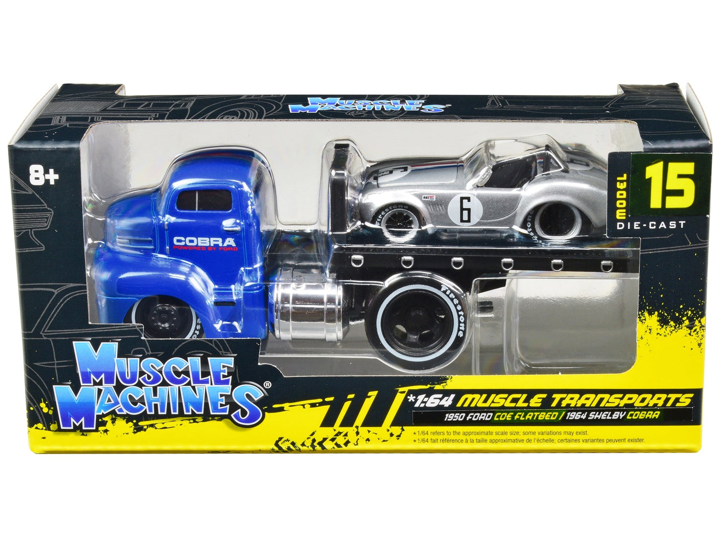 1950 Ford COE Flatbed Truck Blue "Cobra Powered by Ford" and 1964 Shelby Cobra #6 Silver Metallic with Stripes "Muscle Transports" Series 1/64 Diecast Model Cars by Muscle Machines free shipping USA