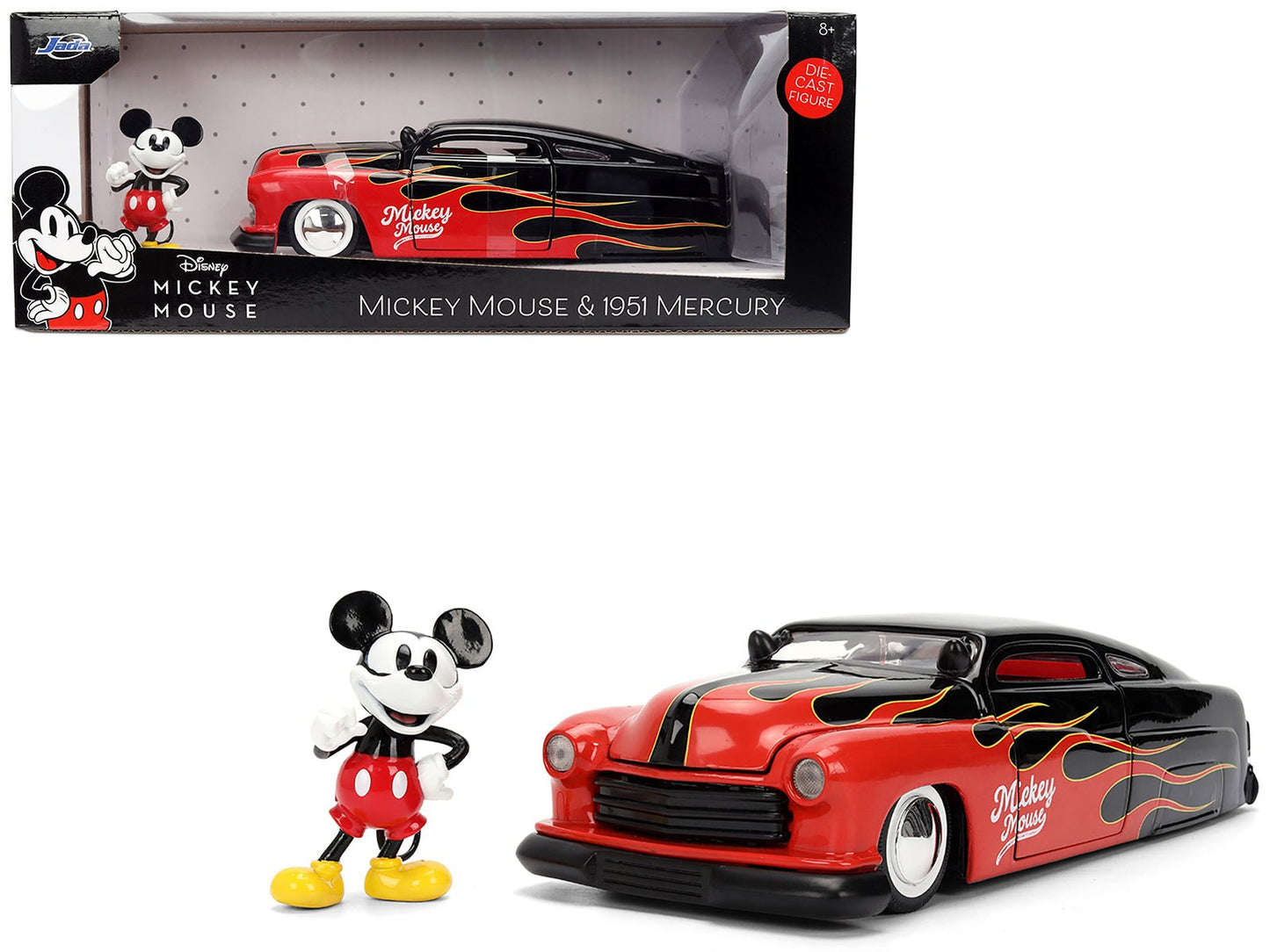 1951 Mercury Coupe Black with Flame Graphics and Red Interior and Mickey Mouse Diecast Figure "Disney's Mickey Mouse" "Hollywood Rides" Series 1/24 Diecast Model Car by Jada free shipping USA