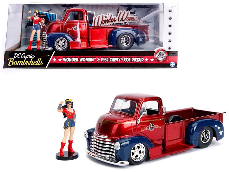 1952 Chevrolet COE Pickup Truck Candy Red and Blue with Wonder Woman Diecast Figure "DC Comics Bombshells" Series "Hollywood Rides" 1/24 Diecast Model Car by Jada free shipping USA