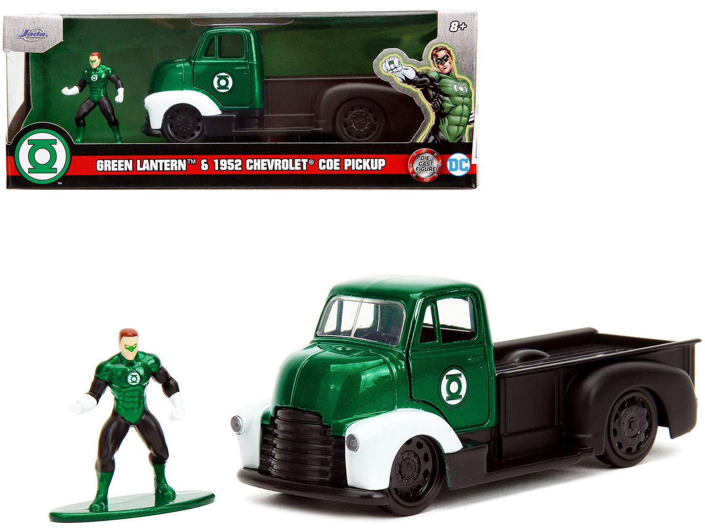 1952 Chevrolet COE Pickup Truck Green Metallic and Black and Green Lantern Diecast Figure "DC Comics" "Hollywood Rides" Series 1/32 Diecast Model Car by Jada free shipping USA