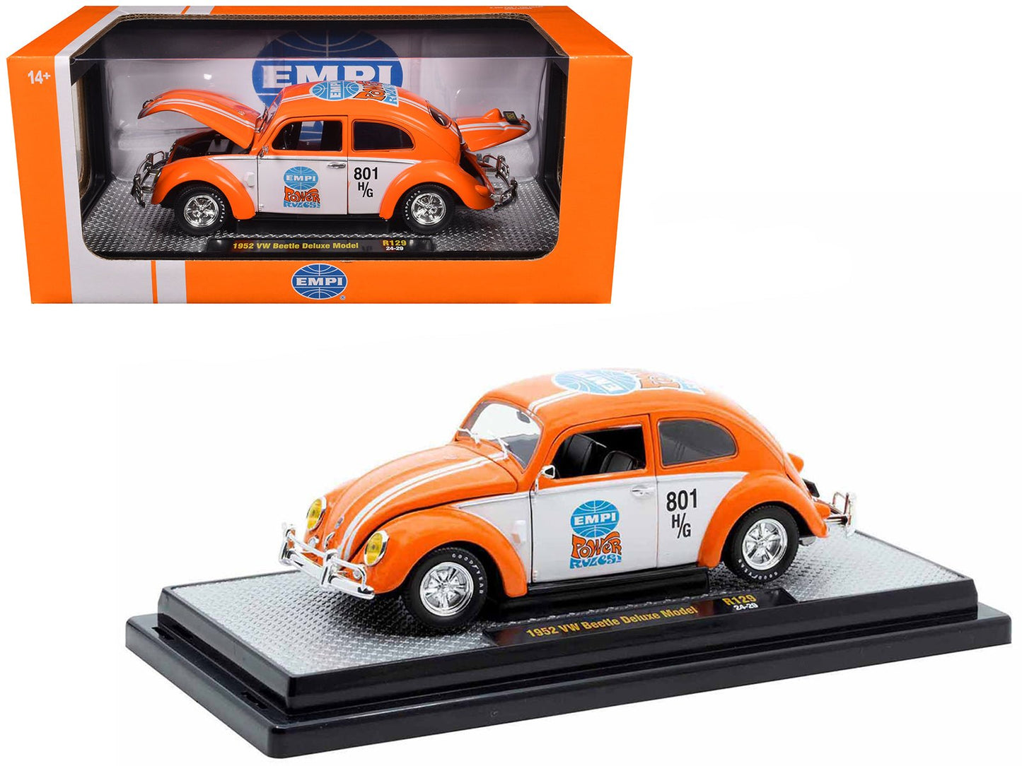 1952 Volkswagen Beetle Deluxe Model "EMPI Power Rules" Orange and White with Graphics Limited Edition to 6650 pieces Worldwide 1/24 Diecast Model Car by M2 Machines free shipping USA