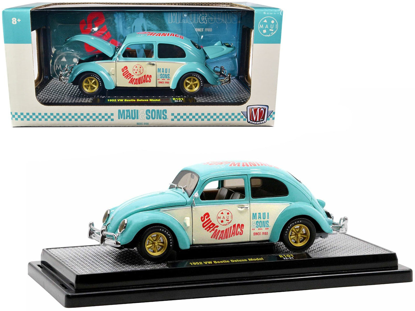 1952 Volkswagen Beetle Deluxe Model Light Blue and Wimbledon White “Maui & Sons” Limited Edition to 3850 pieces Worldwide 1/24 Diecast Model Car by M2 Machines free shipping USA