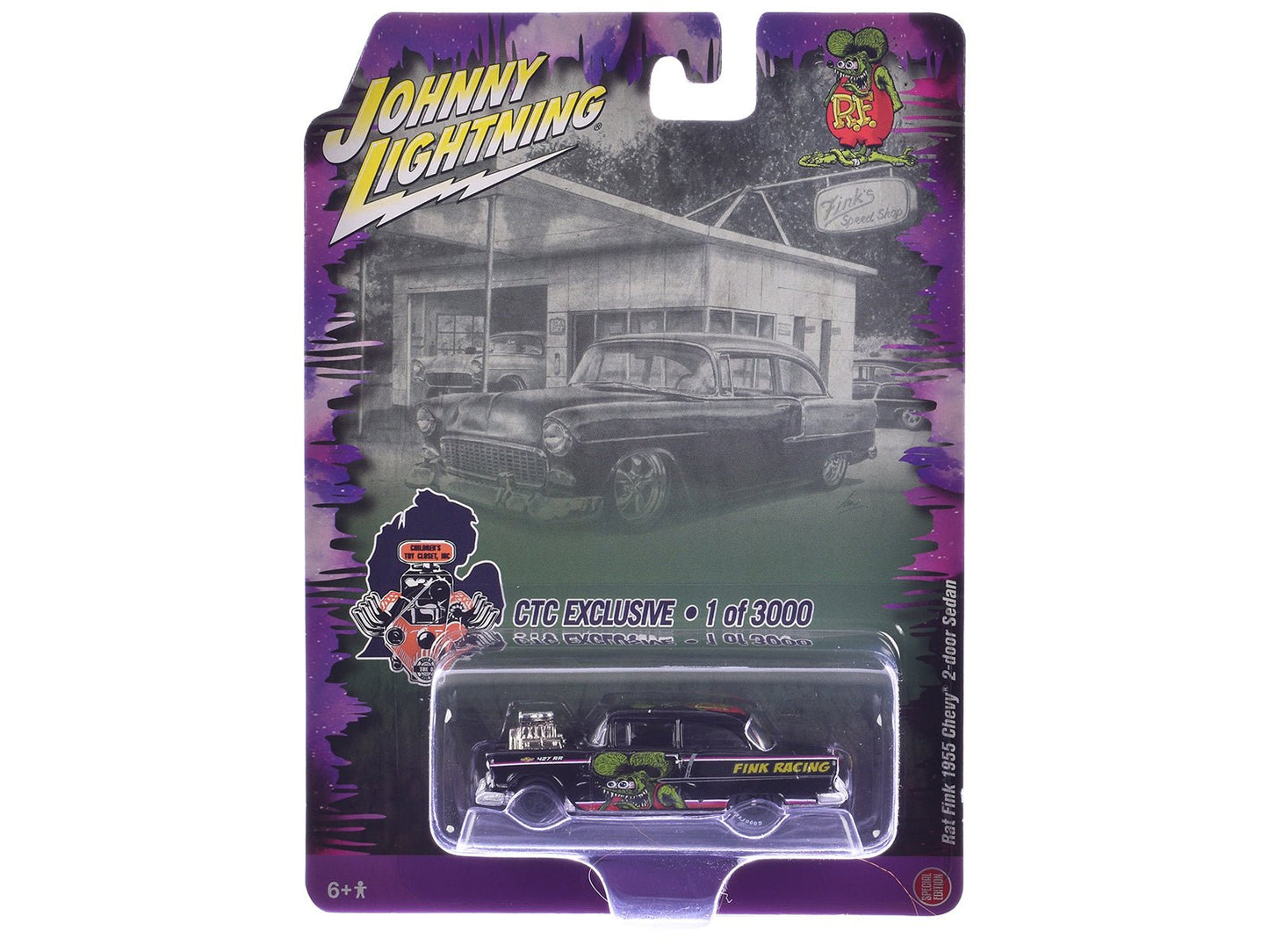 1955 Chevrolet 2-Door Sedan "Rat Fink Racing" Black with Graphics "CTC Exclusive" Series Limited Edition to 3000 pieces Worldwide 1/64 Diecast Model Car by Johnny Lightning free shipping USA