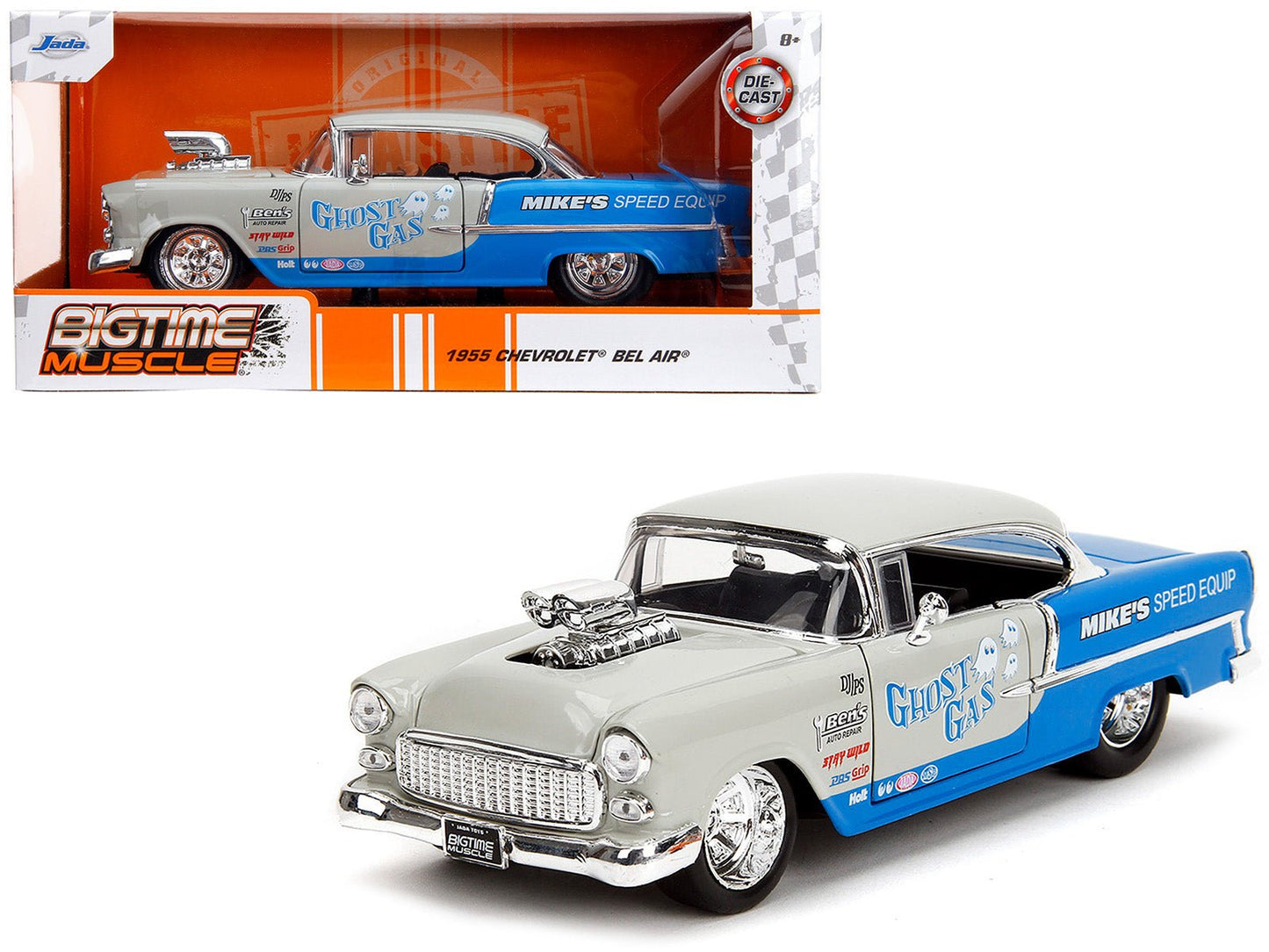 1955 Chevrolet Bel Air "Ghost Gas - Mike's Speed Equip" Light Gray and Blue "Bigtime Muscle" Series 1/24 Diecast Model Car by Jada free shipping USA