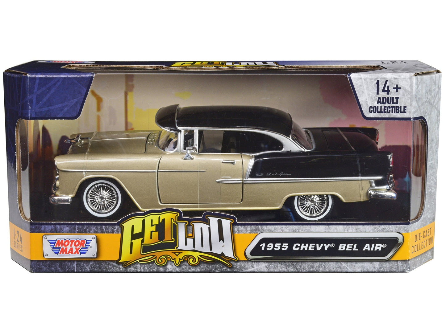 1955 Chevrolet Bel Air Lowrider Hard Top Beige Metallic and Black "Get Low" Series 1/24 Diecast Car Model by Motormax free shipping USA