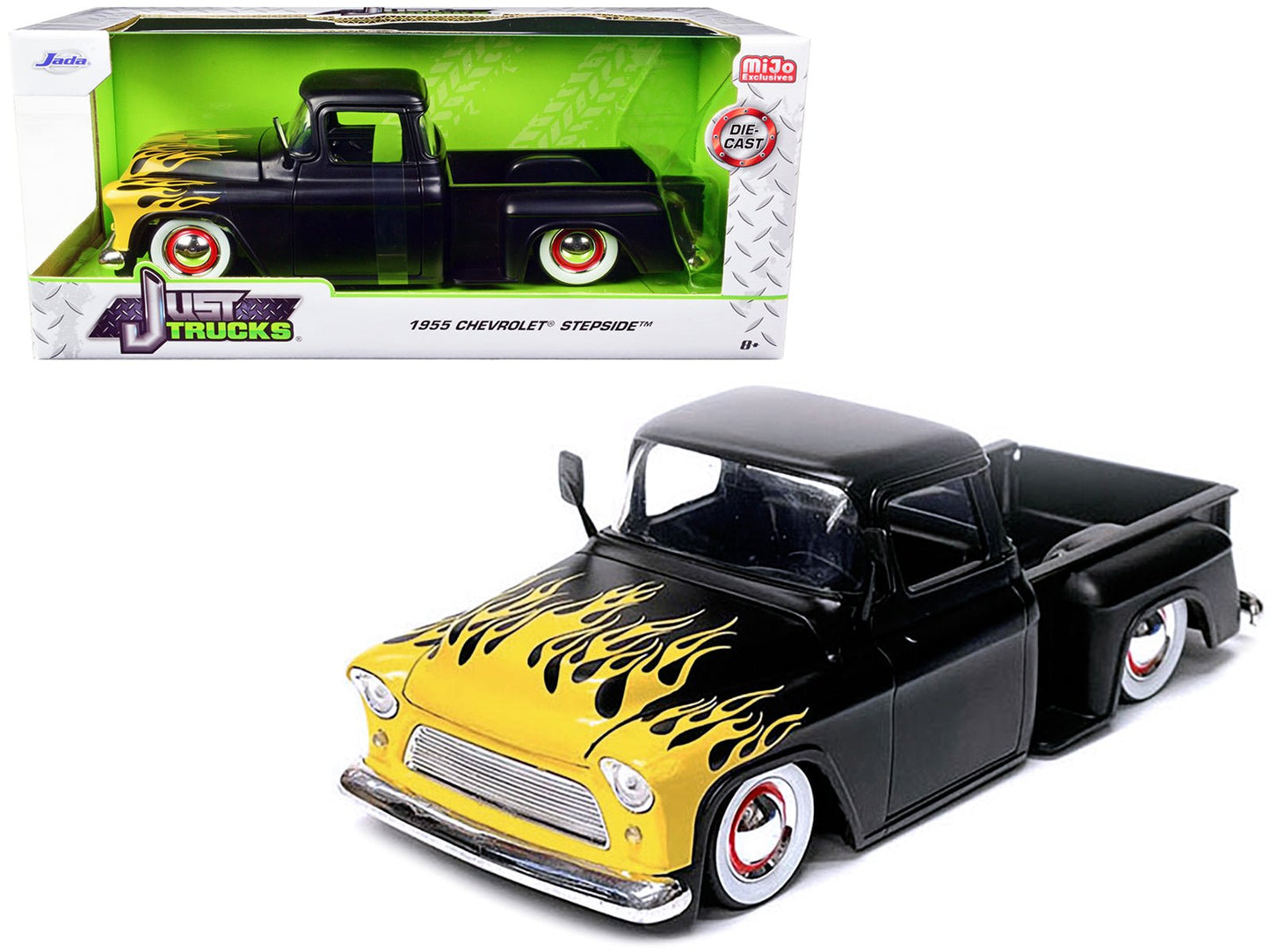 1955 Chevrolet Stepside Pickup Truck Matt Black with Yellow Flames "Just Trucks" Series 1/24 Diecast Model Car by Jada free shipping USA