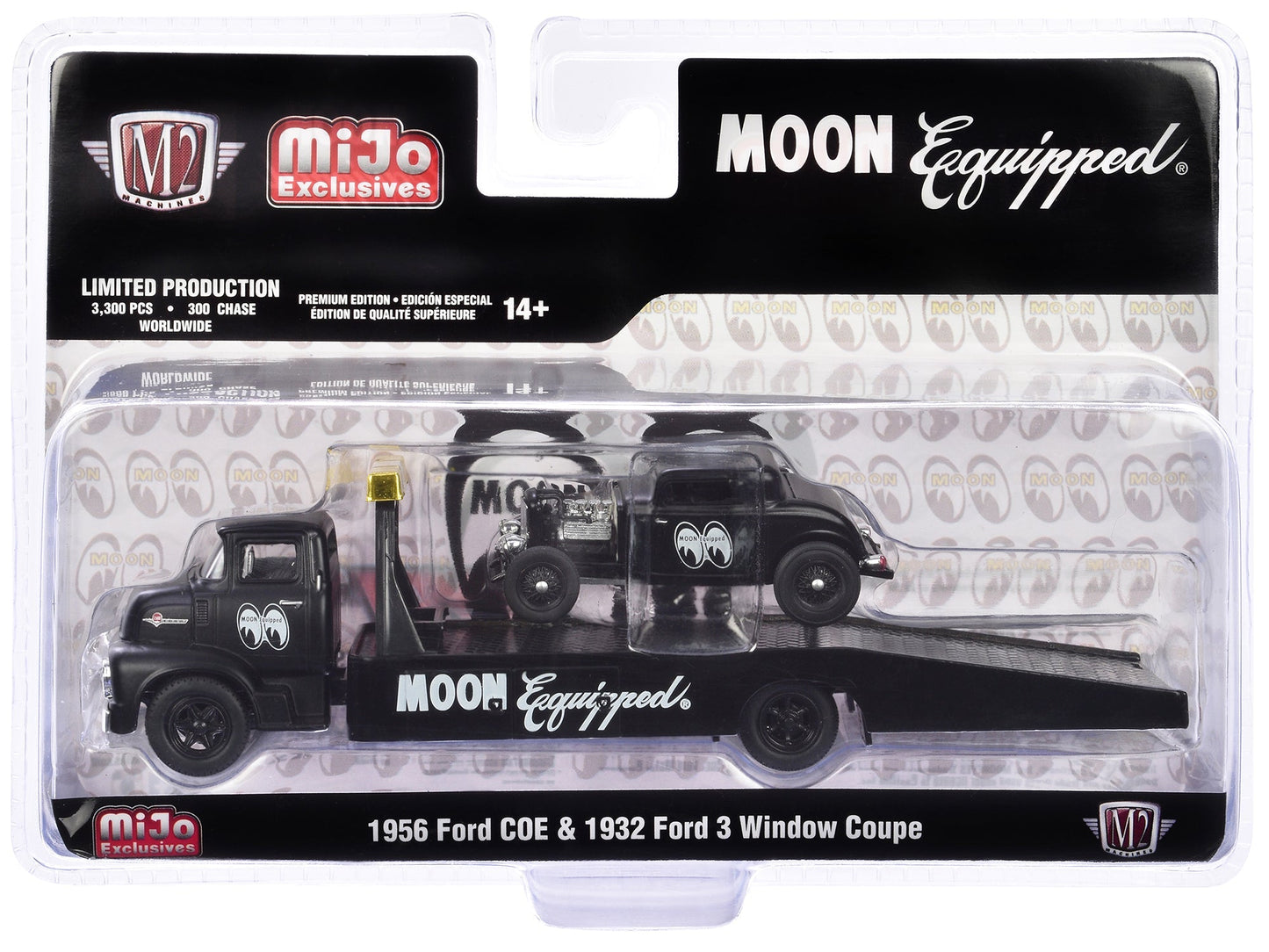 1956 Ford COE Ramp Truck Matt Black and 1932 Ford 3 Window Coupe Matt Black "Mooneyes" Limited Edition to 3300 pieces Worldwide 1/64 Diecast Model by M2 Machines free shipping USA