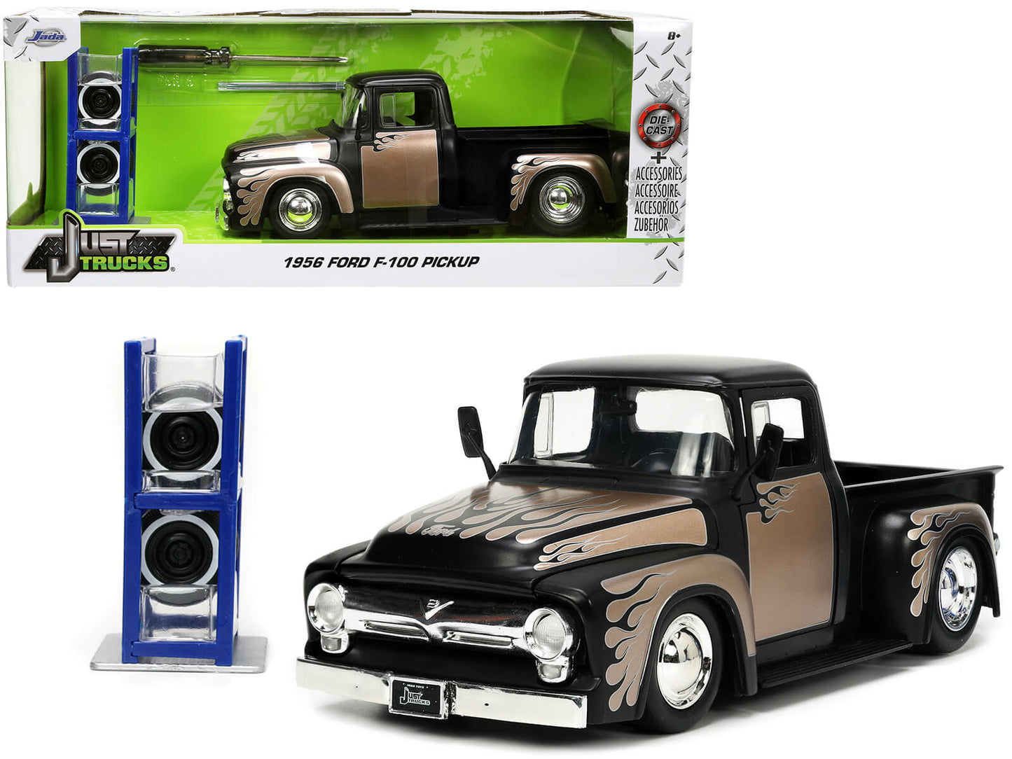 1956 Ford F-100 Pickup Truck Matt Black and Champagne with Flames with Extra Wheels "Just Trucks" Series 1/24 Diecast Model Car by Jada free shipping USA