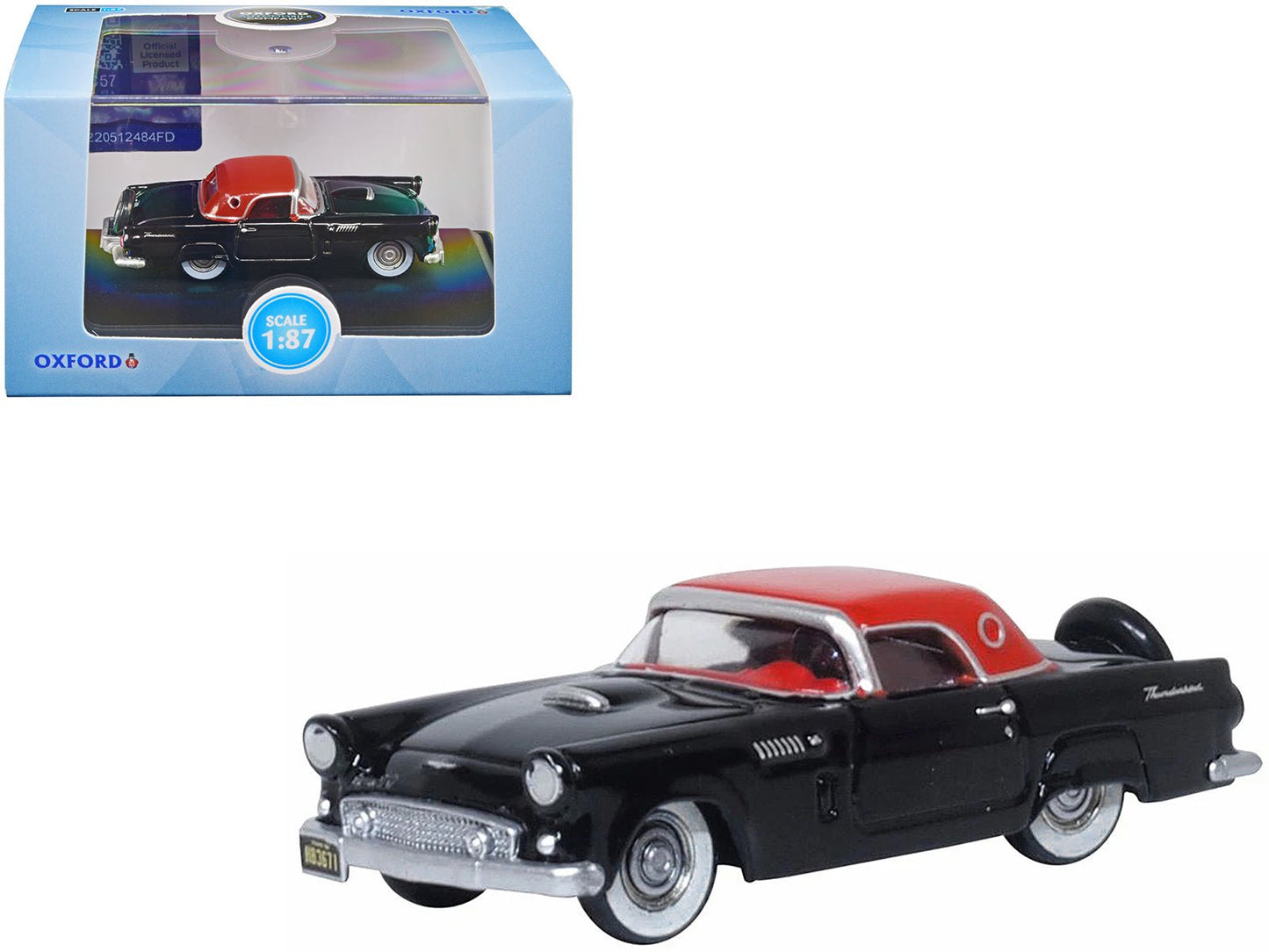 1956 Ford Thunderbird Raven Black with Fiesta Red Top 1/87 (HO) Scale Diecast Model Car by Oxford Diecast free shipping USA