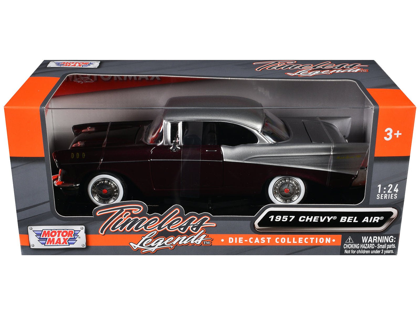 1957 Chevrolet Bel Air Burgundy Metallic and Silver Metallic "Timeless Legends" Series 1/24 Diecast Model Car by Motormax free shipping USA