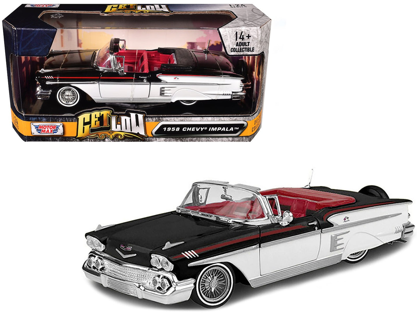 1958 Chevrolet Impala Convertible Lowrider Black and White with Red Interior "Get Low" Series 1/24 Diecast Model Car by Motormax free shipping USA