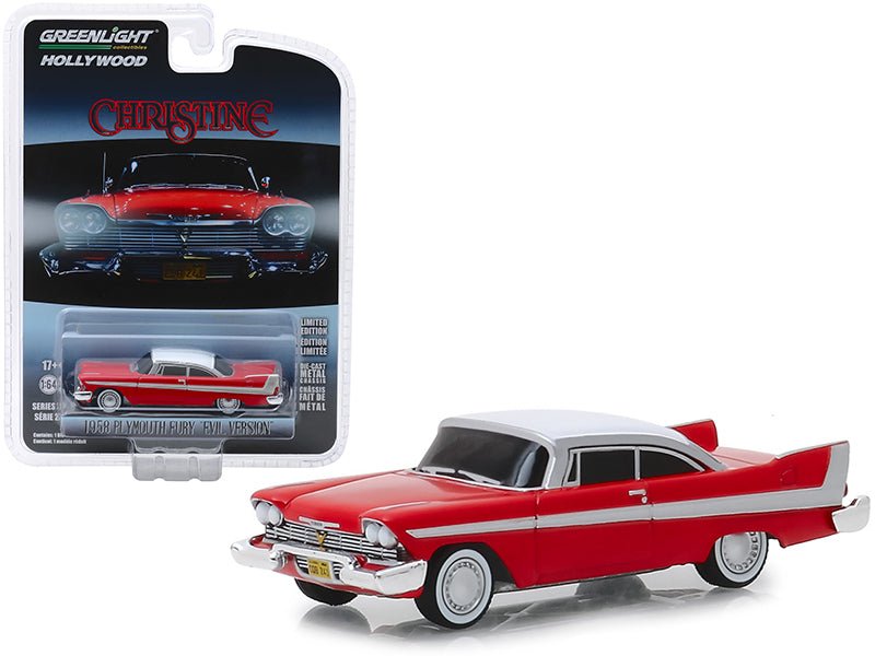 1958 Plymouth Fury Red with White Top "Evil Version" (Blacked Out Windows) "Christine" (1983) Movie "Hollywood Series" Release 24 1/64 Diecast Model Car by Greenlight free shipping USA