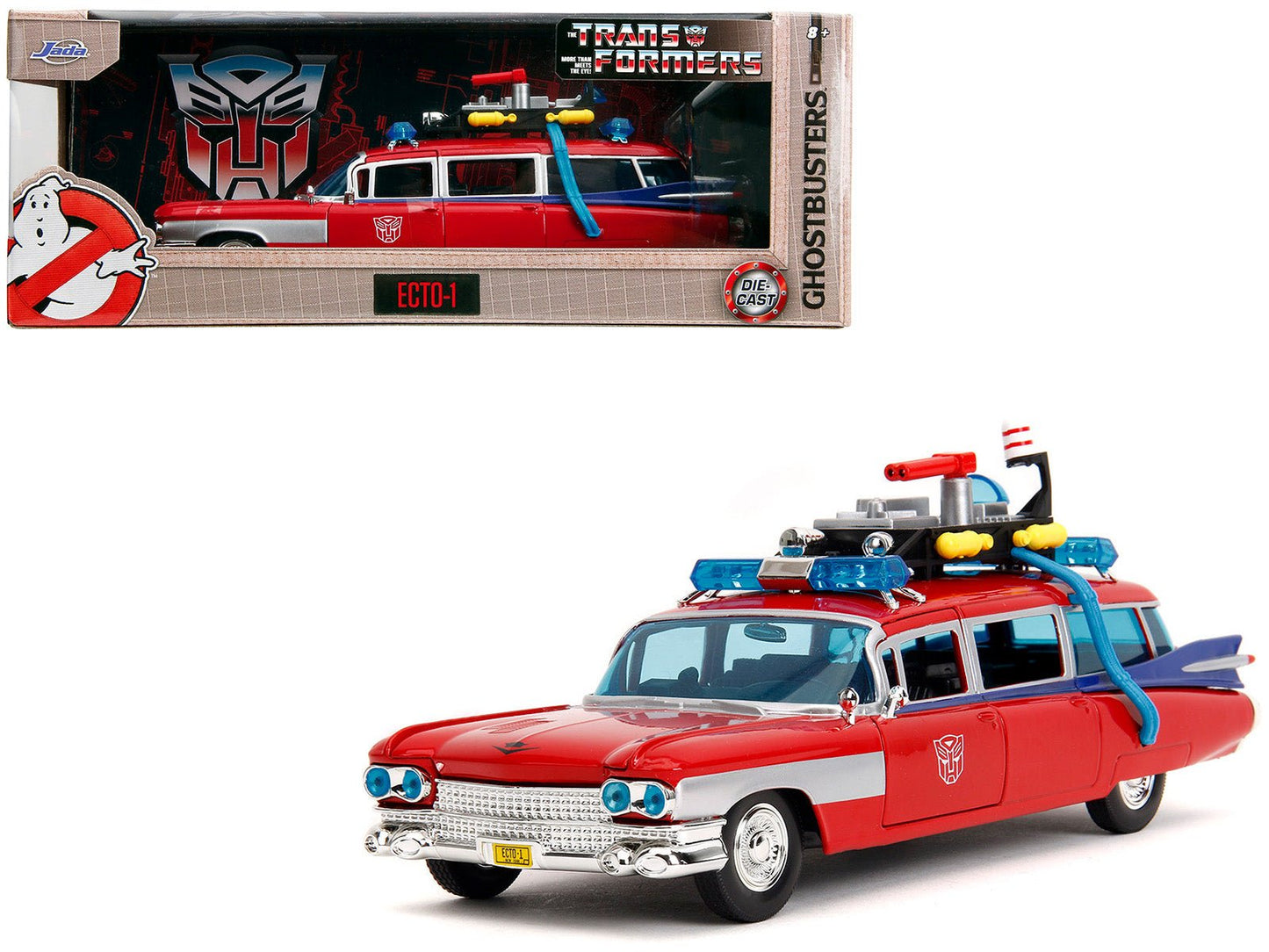 1959 Cadillac Ambulance Ecto-1 Red "Transformers" TV Series - "Ghostbusters" (1984) Movie Crossover "Hollywood Rides" Series 1/24 Diecast Model Car by Jada free shipping USA