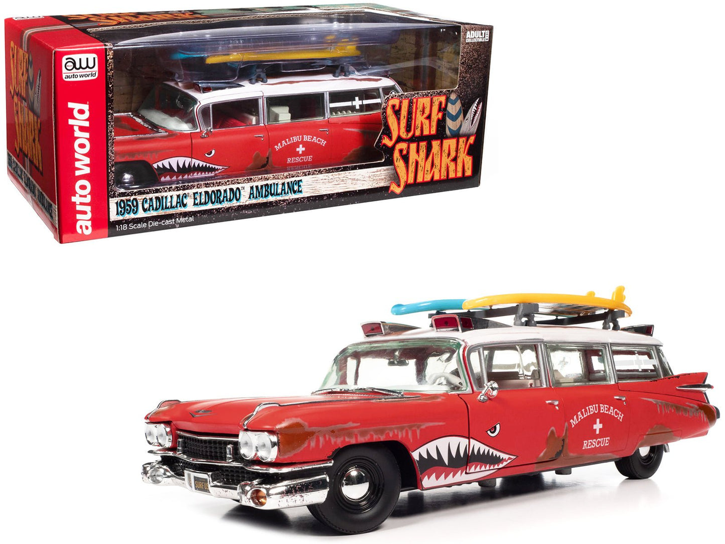 1959 Cadillac Eldorado Ambulance Red with White Top "Malibu Beach Rescue" (Weathered) with Surfboards on Roof "Surf Shark" 1/18 Diecast Model Car by Auto World free shipping USA