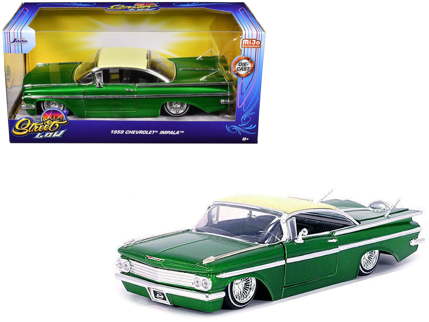 1959 Chevrolet Impala Lowrider Green Metallic with Cream Top and Wire Wheels "Street Low" Series 1/24 Diecast Model Car by Jada free shipping USA