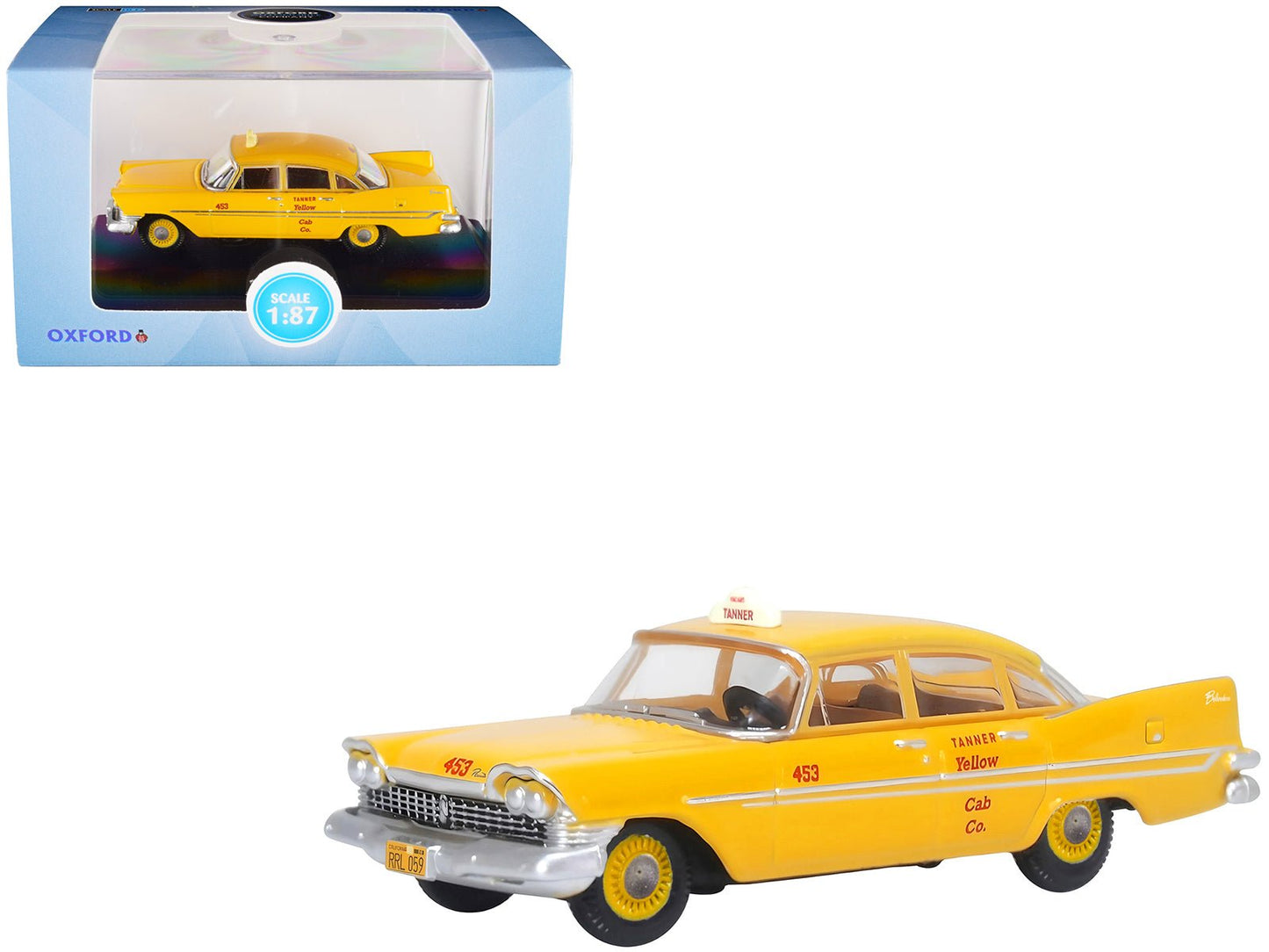 1959 Plymouth Belvedere Taxi Yellow "Tanner Yellow Cab Co." 1/87 (HO) Scale Diecast Model Car by Oxford Diecast free shipping USA