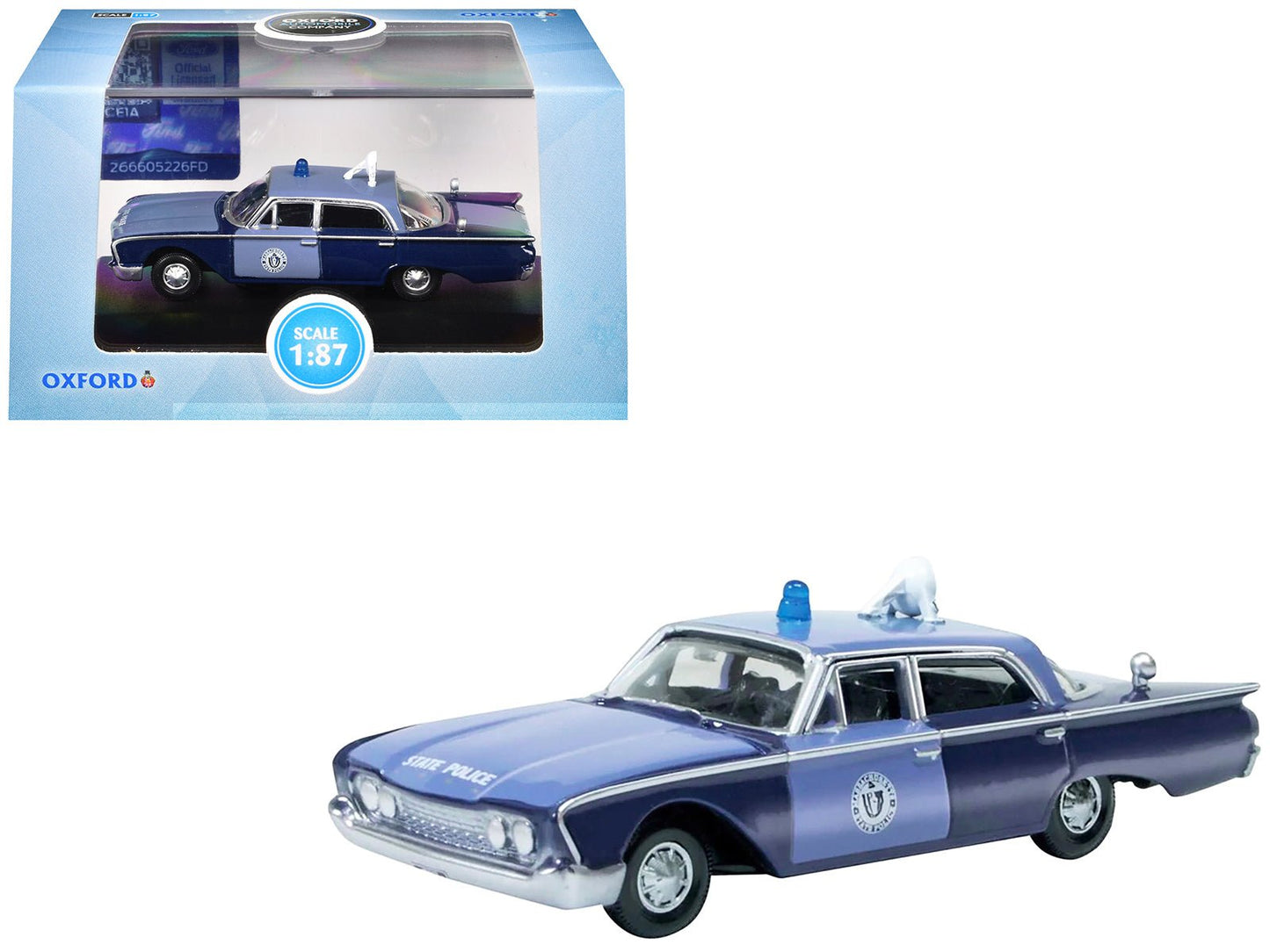 1960 Ford Fairlane Sedan "Massachusetts State Police Radar Car" Blue Two-Tone 1/87 (HO) Scale Diecast Model Car by Oxford Diecast free shipping USA