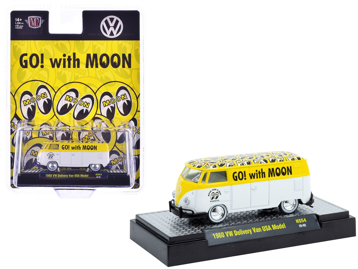 1960 Volkswagen Delivery Van USA Model "MoonEyes" White and Yellow with Top Graphics and White Interior Limited Edition to 5236 pieces Worldwide 1/64 Diecast Model Car by M2 Machines free shipping USA
