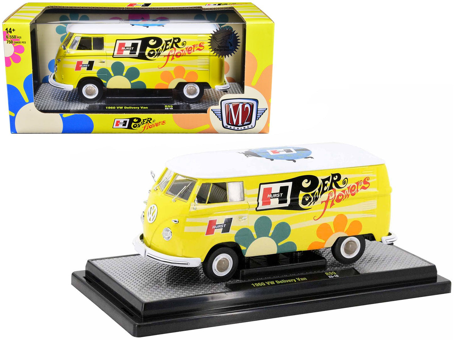 1960 Volkswagen Delivery Van Yellow with Bright White Top and Flower Graphics "Hurst Power Flowers" Limited Edition to 6550 pieces Worldwide 1/24 Diecast Model Car by M2 Machines free shipping USA