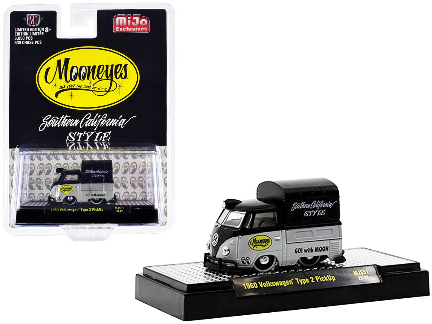 1960 Volkswagen Type 2 Pickup Truck with Canvas Cover "Mooneyes Southern California Style" Black and Gray Limited Edition to 6050 pieces Worldwide 1/64 Diecast Model Car by M2 Machines free shipping USA