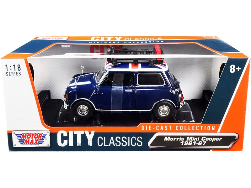 1961-1967 Morris Mini Cooper RHD (Right Hand Drive) Dark Blue with British Flag on the Top and Roof Rack "City Classics" Series 1/18 Diecast Model Car by Motormax free shipping USA
