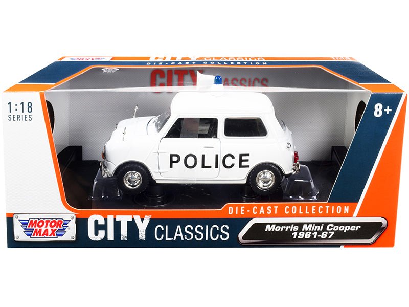 1961-1967 Morris Mini Cooper RHD (Right Hand Drive) "Police" White "City Classics" Series 1/18 Diecast Model Car by Motormax free shipping USA