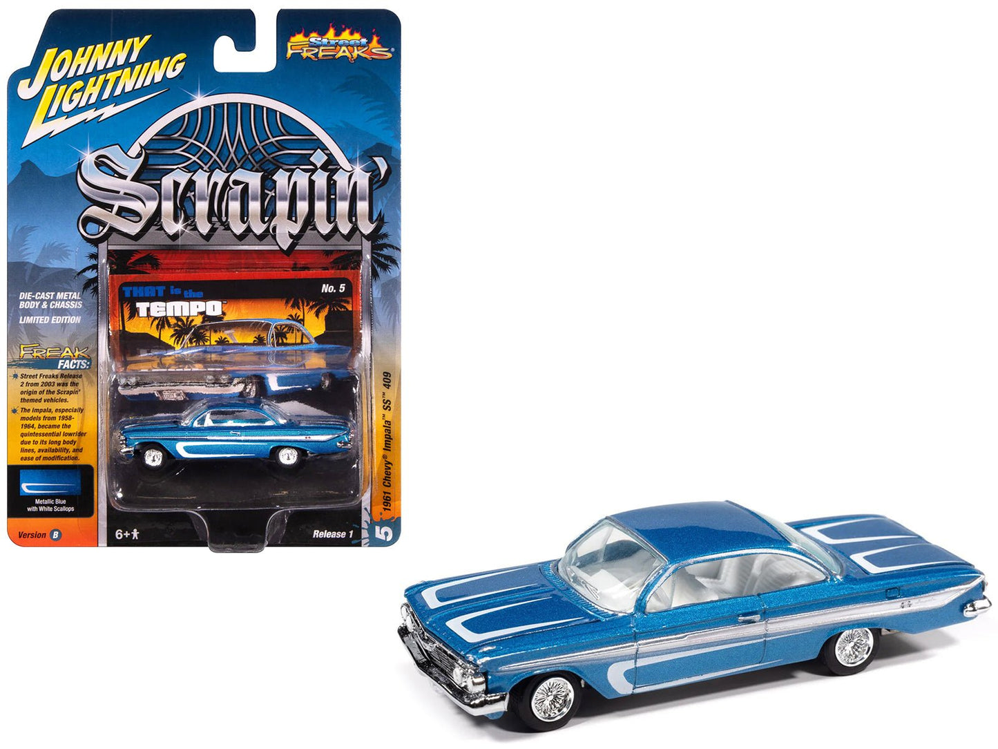 1961 Chevrolet Impala SS 409 Blue Metallic with White Stripes and Interior "Scrapin'" Series 1/64 Diecast Model Car by Johnny Lightning free shipping USA