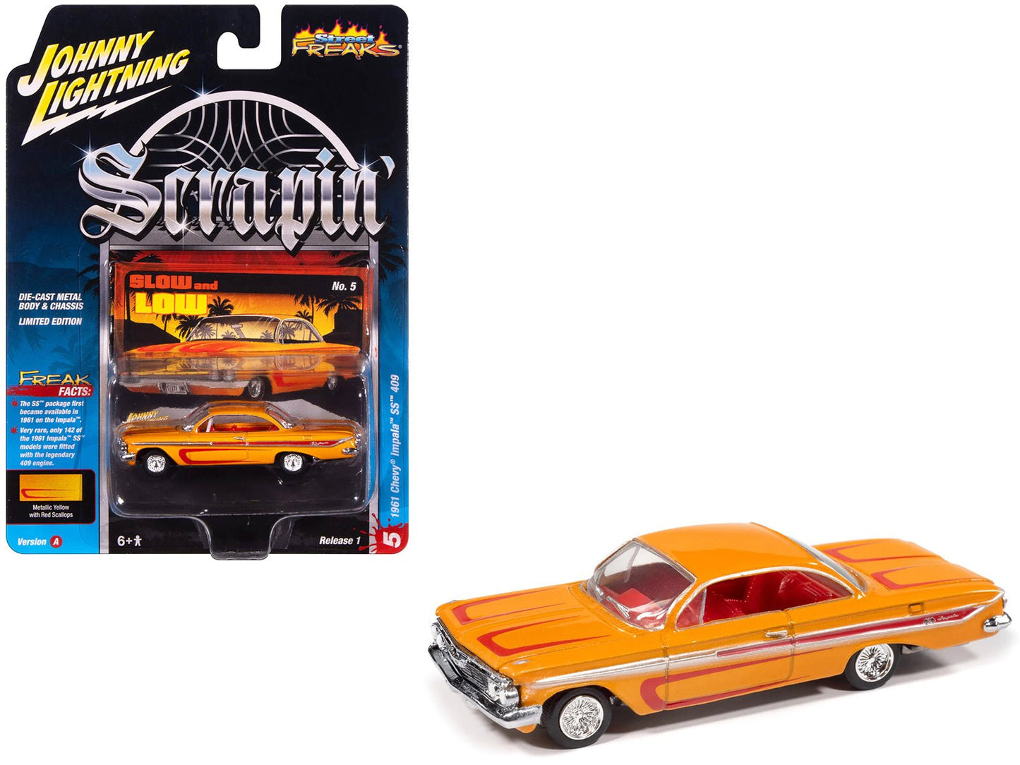 1961 Chevrolet Impala SS 409 Yellow Metallic with Red Stripes and Interior "Scrapin" Series 1/64 Diecast Model Car by Johnny Lightning free shipping USA