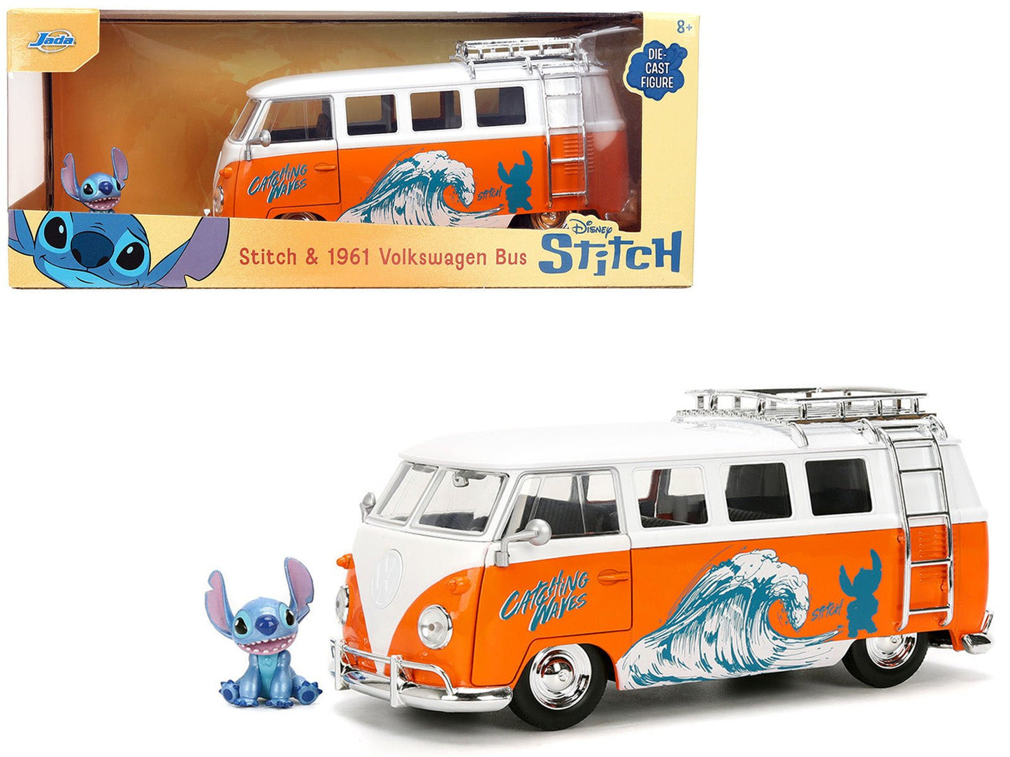 1961 Volkswagen Bus "Catching Waves" White and Orange with Stich Diecast Figure "Disney's Stitch" "Hollywood Rides" Series 1/24 Diecast Model by Jada free shipping USA