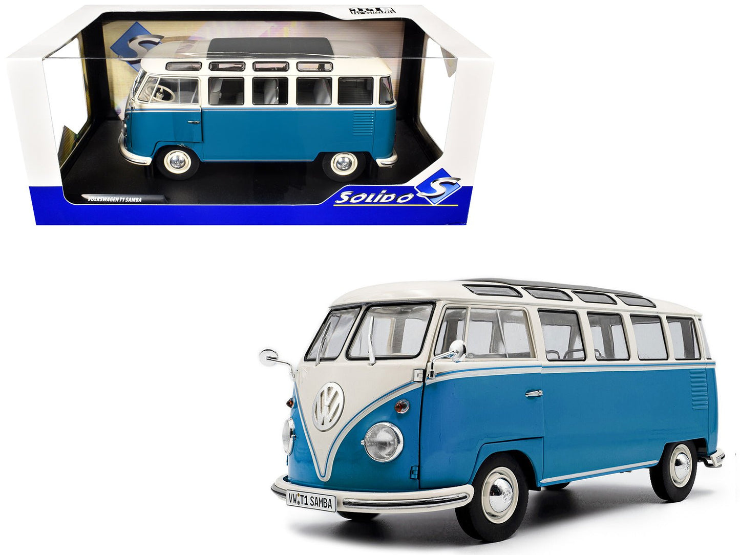 1962 Volkswagen T1 Samba Bus Baby Blue and White 1/18 Diecast Model Car by Solido free shipping USA
