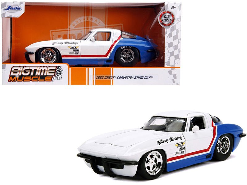 1963 Chevrolet Corvette Stingray White and Blue with Red Stripe "Chevy Racing" "Bigtime Muscle" 1/24 Diecast Model Car by Jada free shipping USA