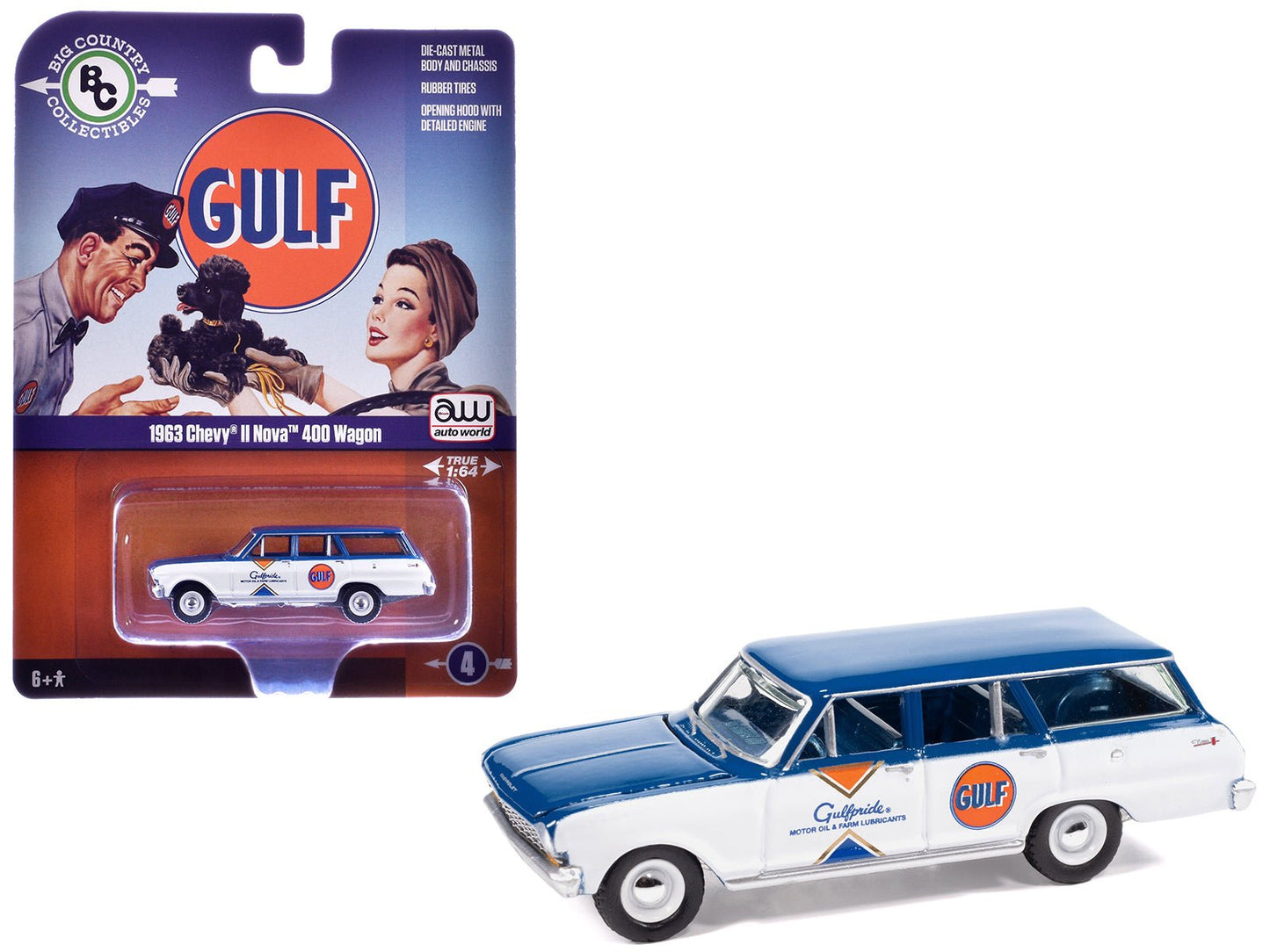 1963 Chevrolet II Nova 400 Wagon "Gulf" Blue and White with Blue Interior "Big Country Collectibles" 2025 Series 1/64 Diecast Model Car by Auto World free shipping USA