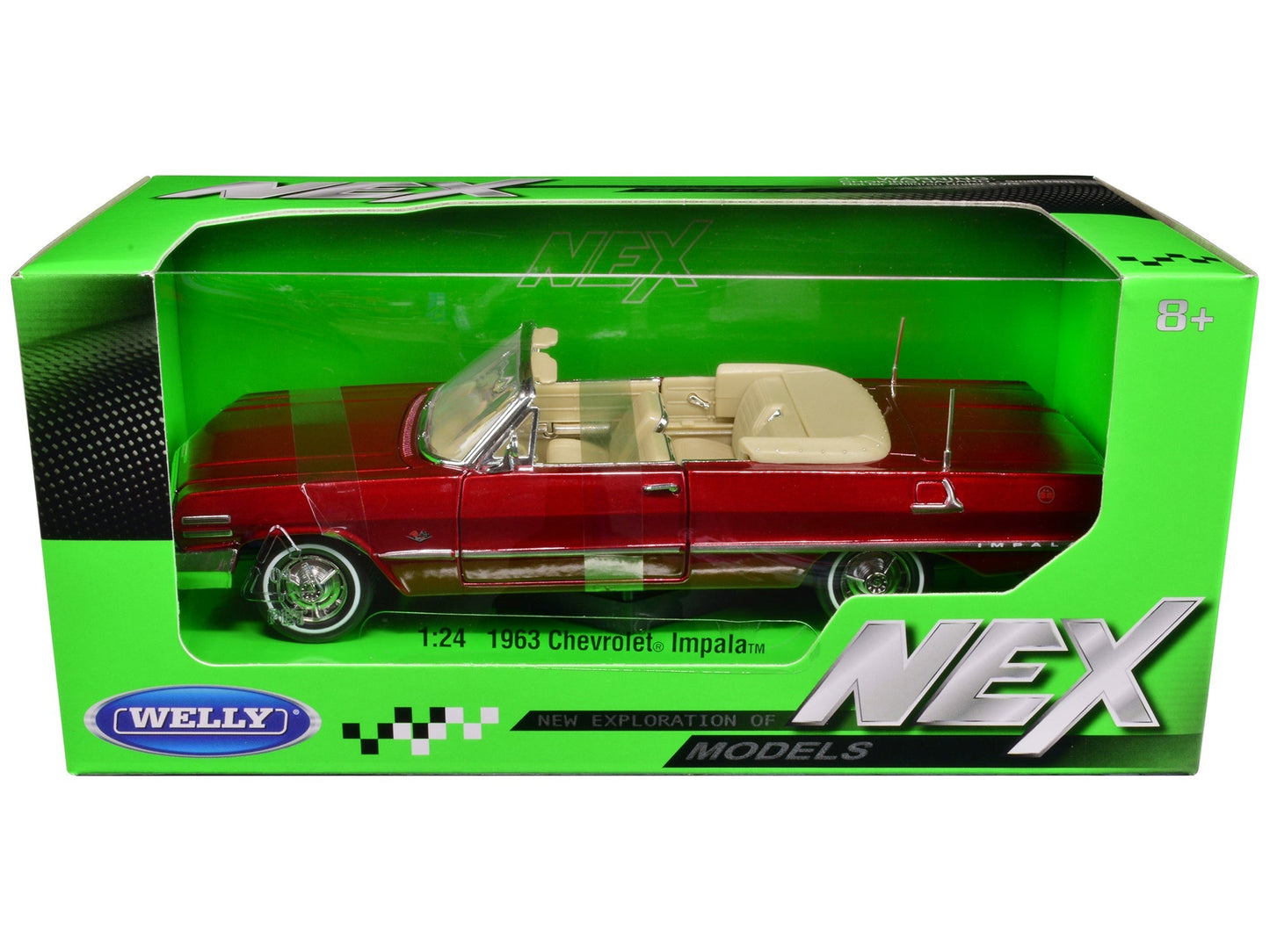 1963 Chevrolet Impala Convertible Red Metallic "NEX Models" 1/24 Diecast Model Car by Welly free shipping USA
